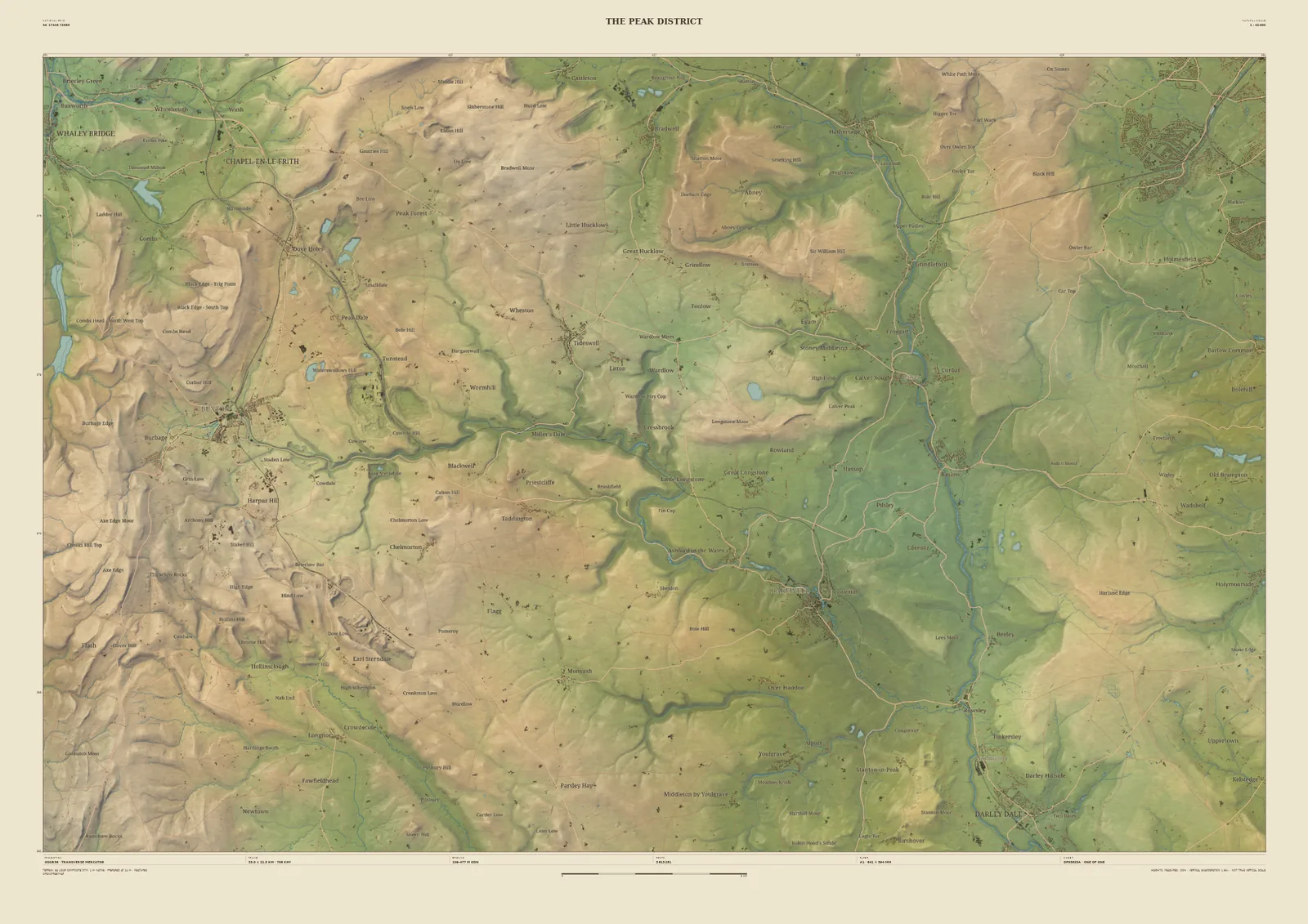 Field & Fell map print of the White Peak, 33 km across, from Chapel-en-le-Frith and Buxton down the Wye dales to the Derwent valley