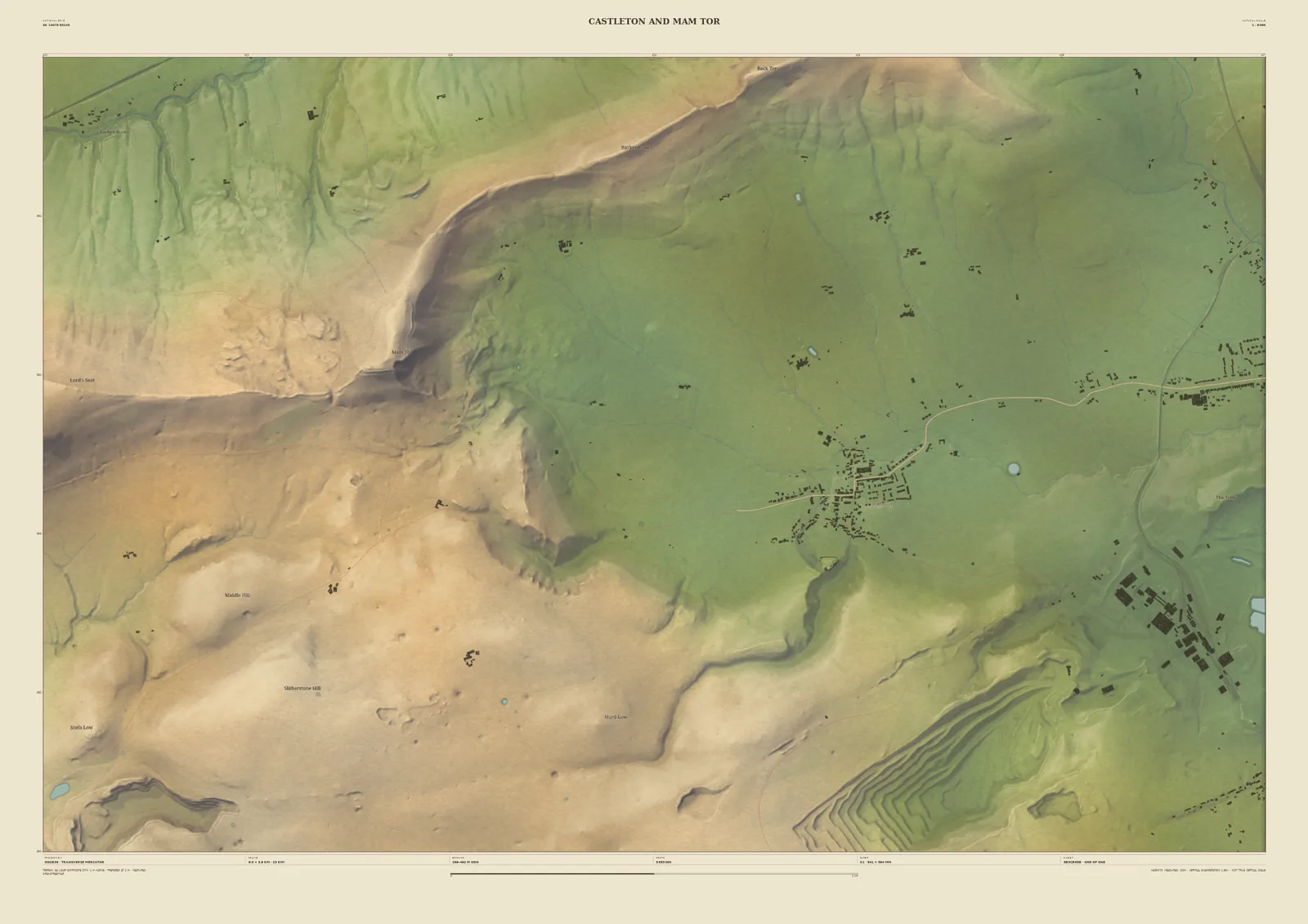 Field & Fell map print of Castleton and Mam Tor, 6 km across, with the broken face of Mam Tor, the Great Ridge and the village in the Hope Valley