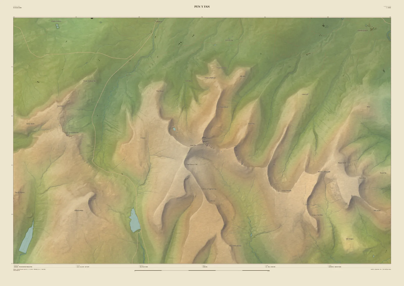 Field & Fell relief map print of Pen y Fan, showing the escarpment of Bannau Brycheiniog with its long ridges running north and reservoirs in the valleys