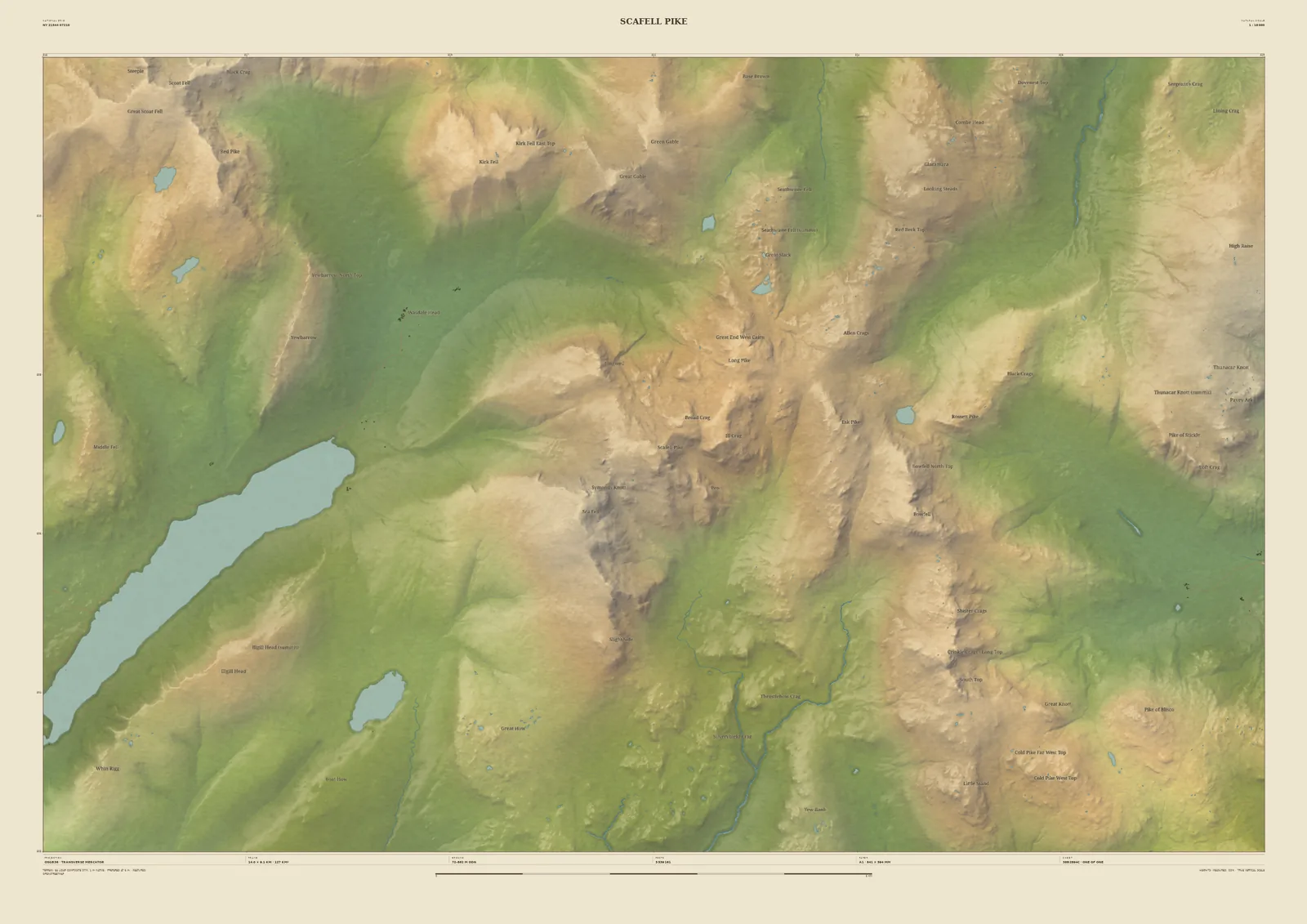 Field & Fell relief map print of Scafell Pike, with Wastwater and Wasdale Head to the west and Great Gable, Bowfell and the Langdale Pikes around it