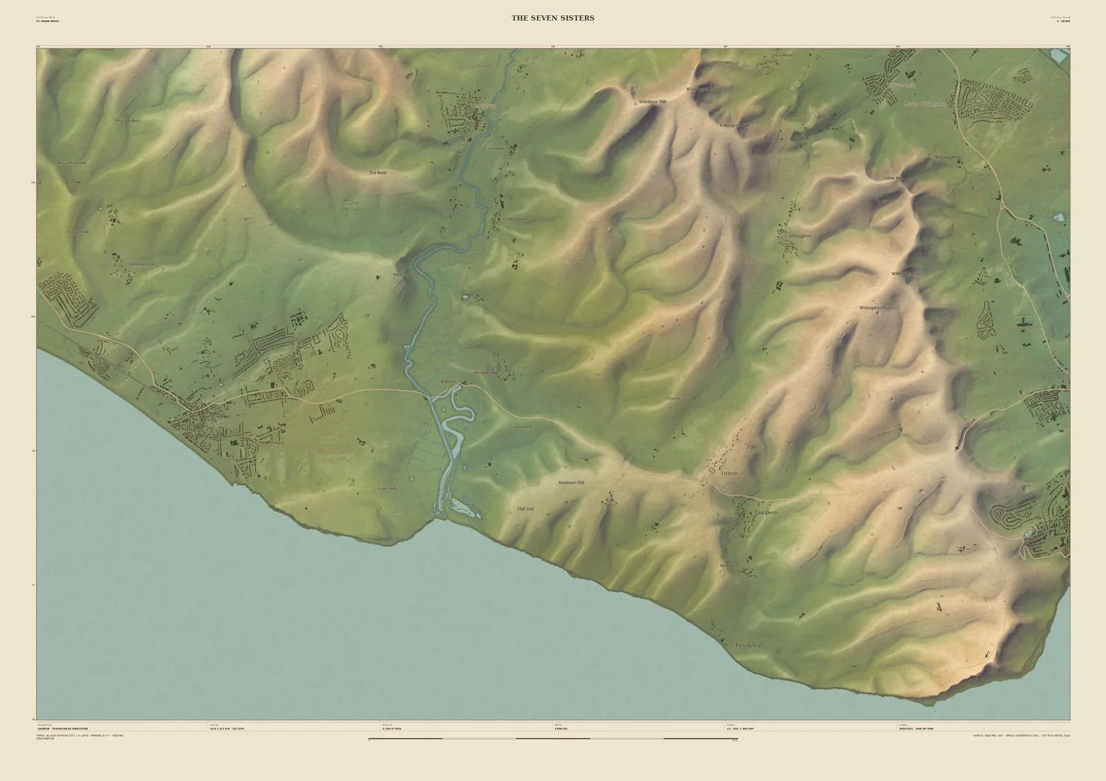 Field & Fell map print of the Seven Sisters, 14 km across, with the meanders of the Cuckmere, Seaford and the chalk cliffs running east towards Eastbourne