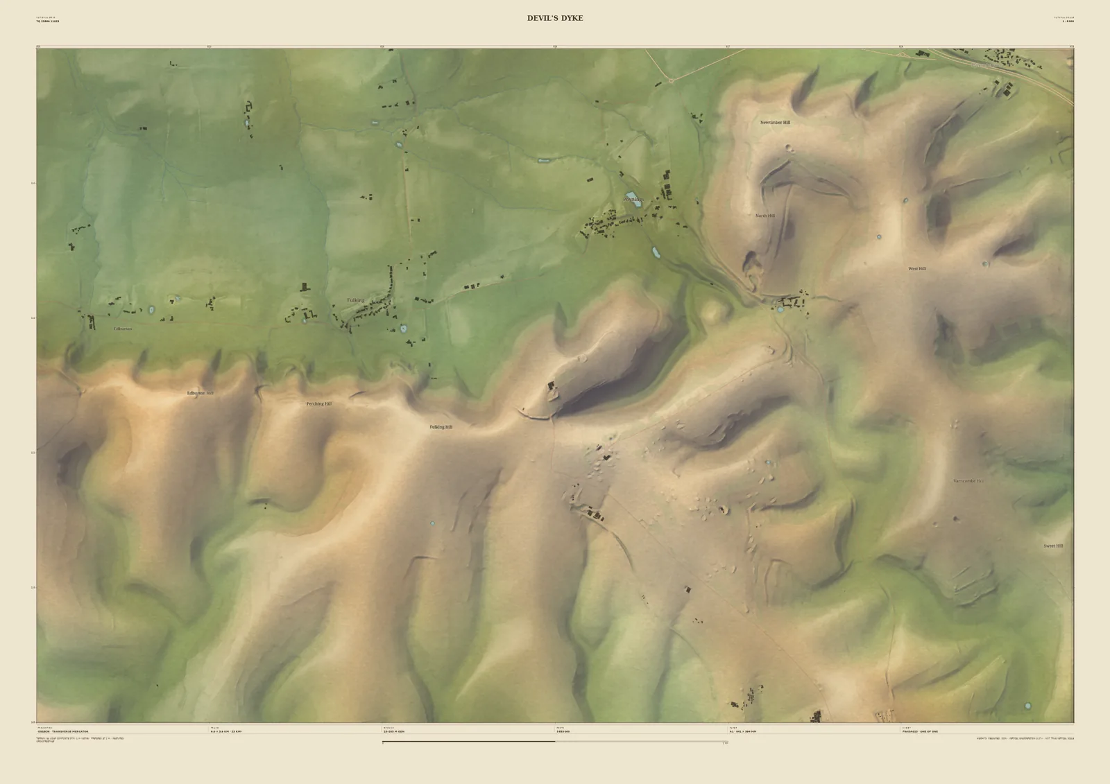 Field & Fell map print of Devil’s Dyke, 6 km across, with the deep dry valley cut into the Downs and Poynings in the Weald below