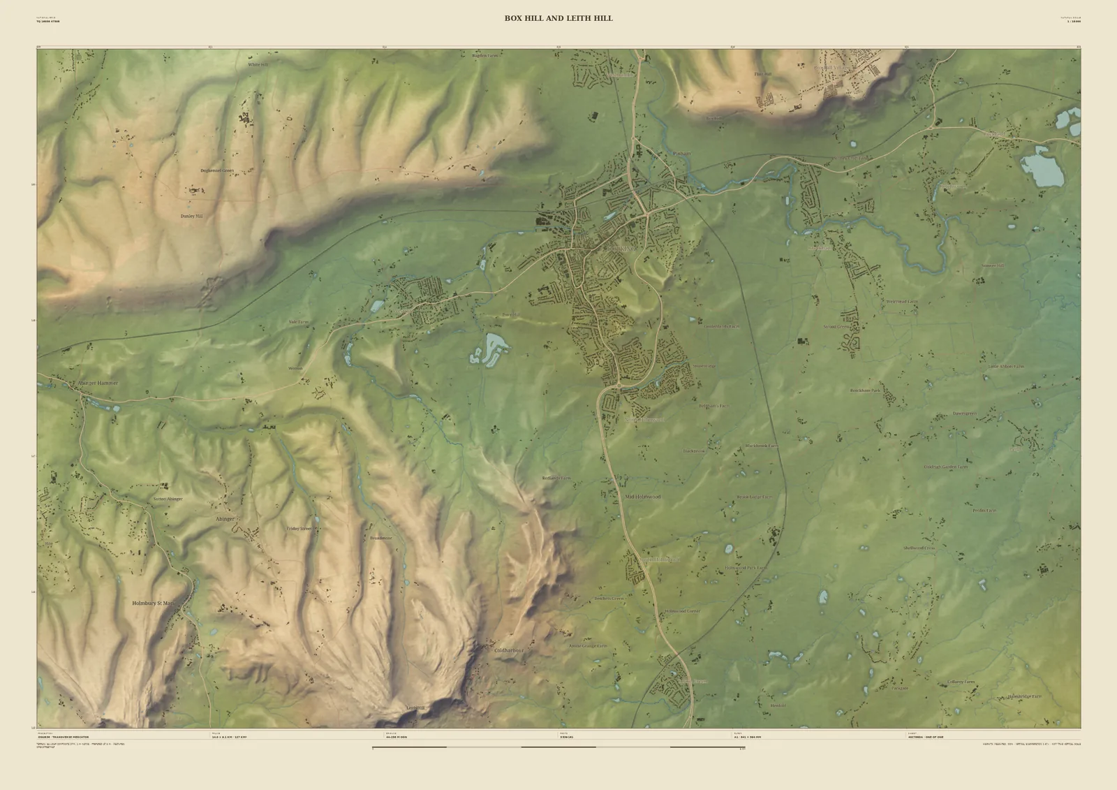 Field & Fell map print of Dorking between Box Hill and Leith Hill, 14 km across, with the North Downs above and the greensand valleys below