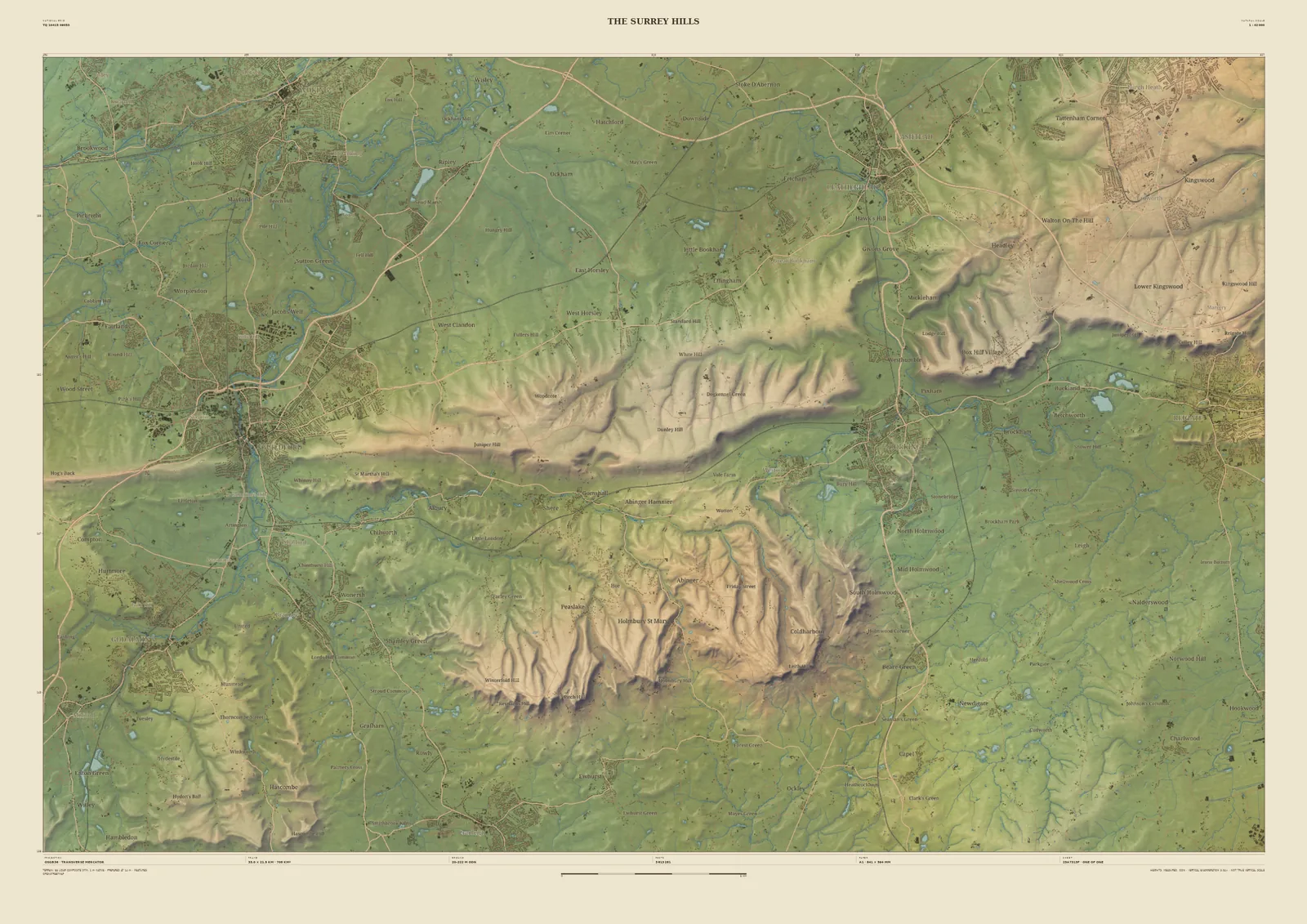 Field & Fell map print of the Surrey Hills, 33 km across, with Guildford, the North Downs ridge, Dorking in the Mole Gap and the greensand hills to the south