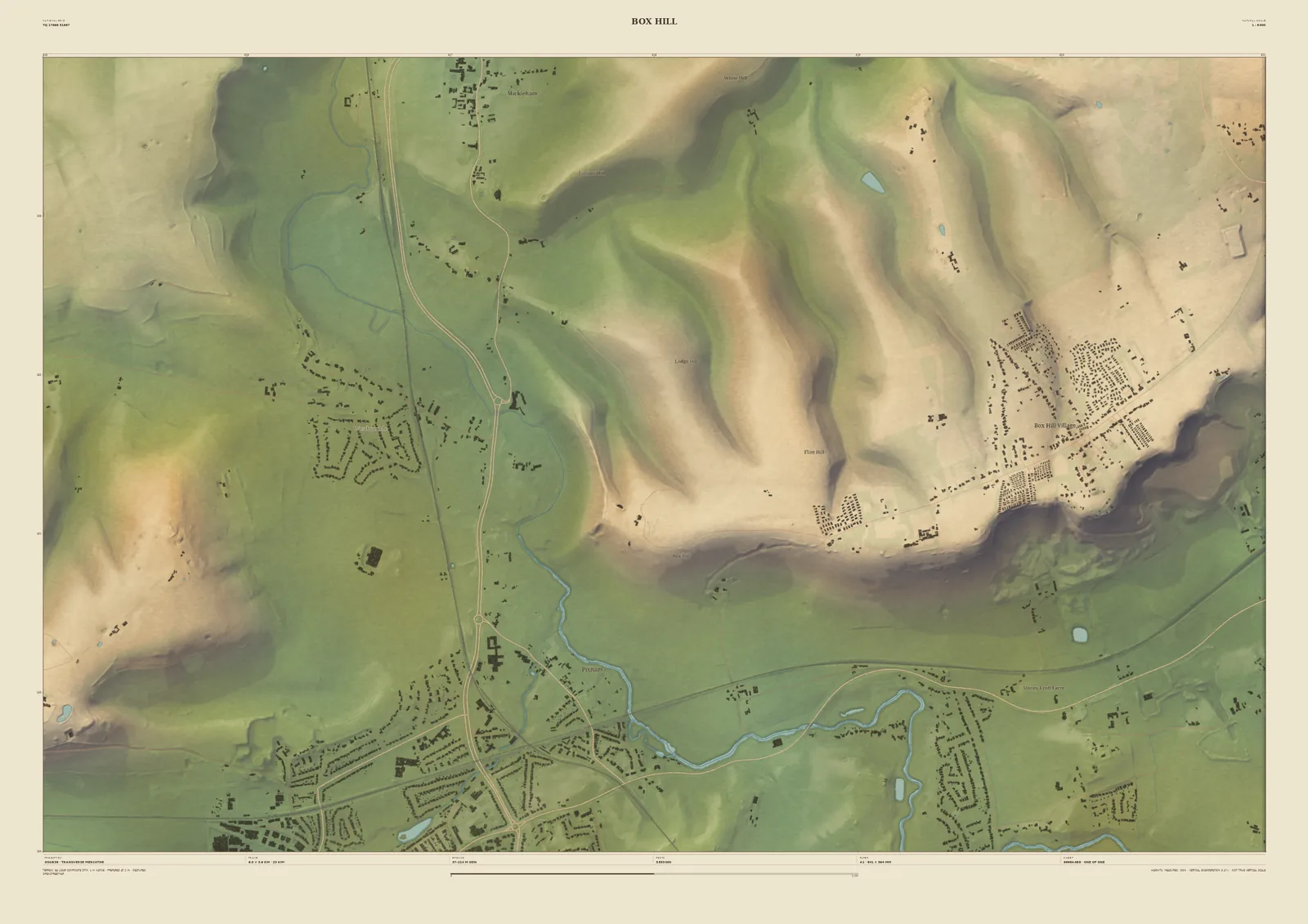 Field & Fell map print of Box Hill, 6 km across, with the steep chalk face above the River Mole and the roads winding up the hill