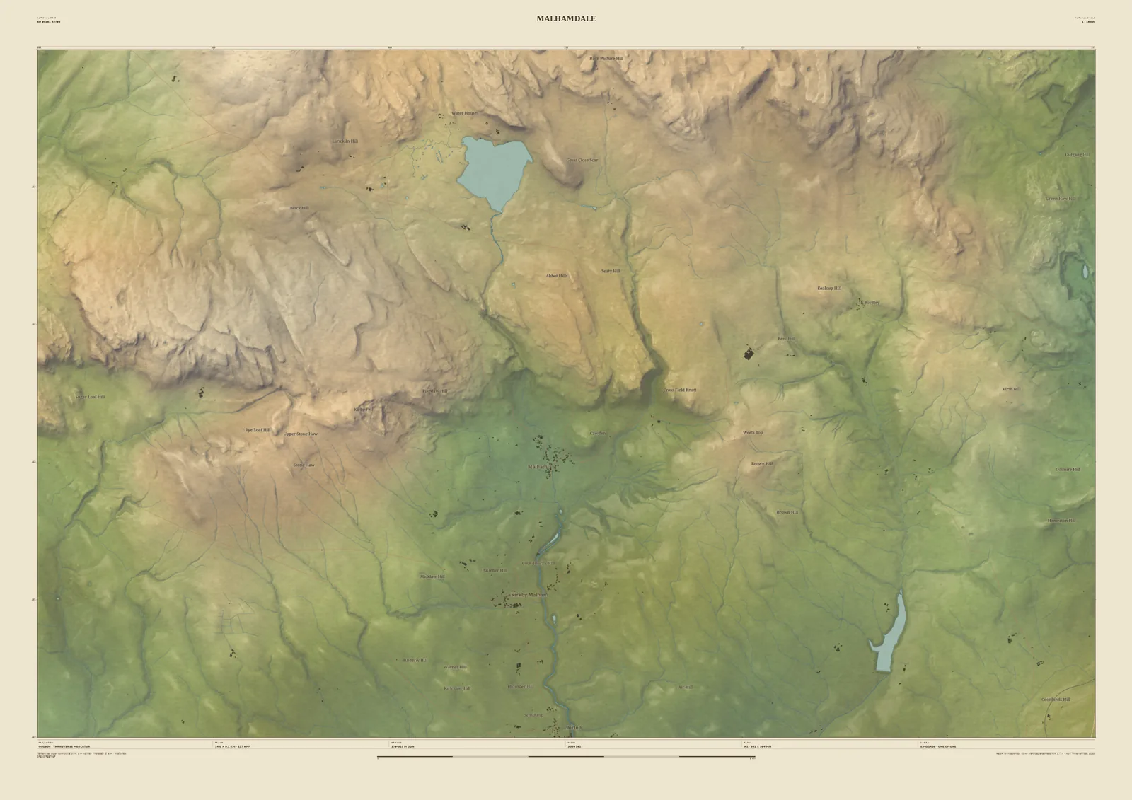 Field & Fell map print of Malhamdale, 14 km across, with Malham Tarn on the high ground, the limestone scar above Malham village and the dale running south