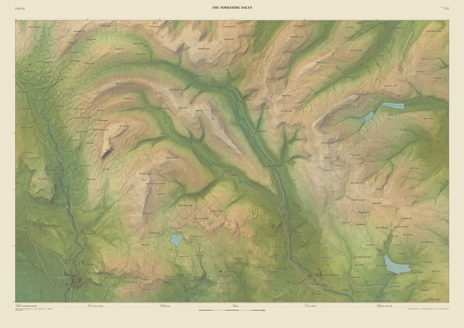 Field & Fell map print of the southern Yorkshire Dales, 33 km across, from Settle in Ribblesdale across Malham Tarn to Wharfedale and Grassington