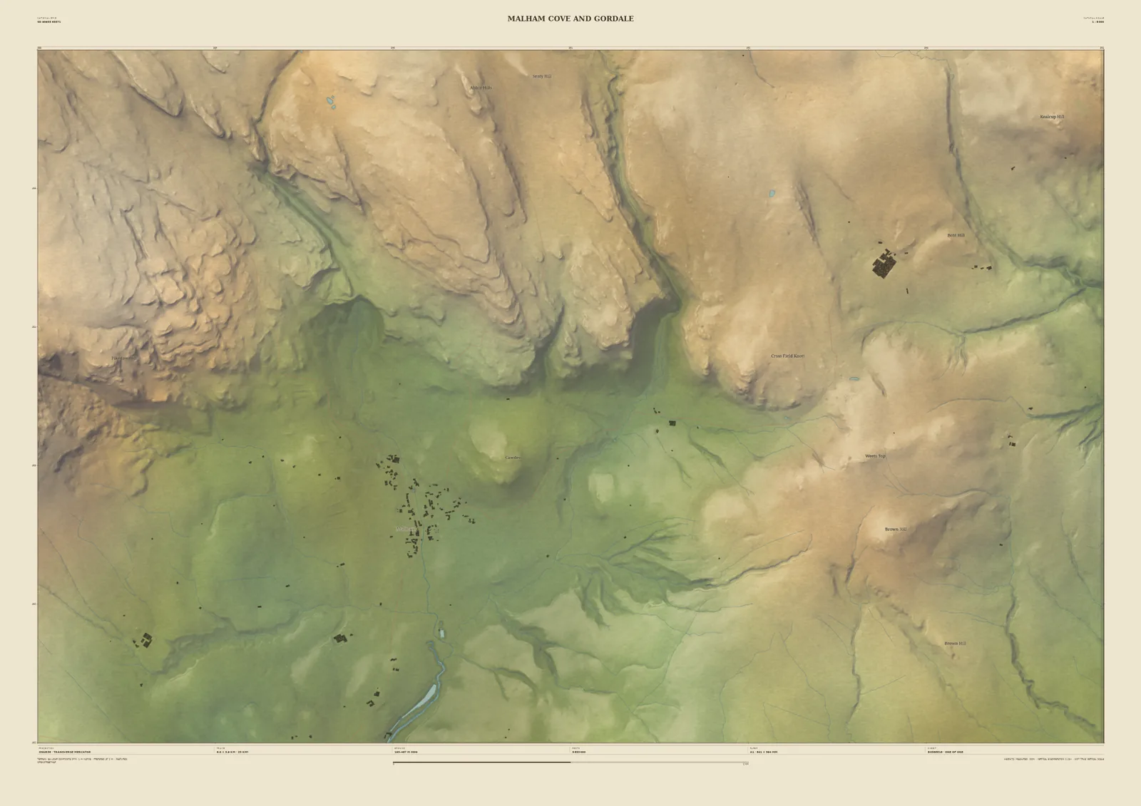 Field & Fell map print of Malham Cove and Gordale Scar, 6 km across, with the limestone cliffs above Malham village