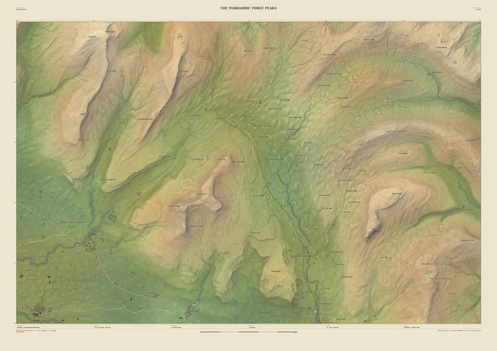 Field & Fell relief map print of the Yorkshire Three Peaks, with the long ridge of Whernside, the flat top of Ingleborough and Pen-y-ghent across Ribblesdale