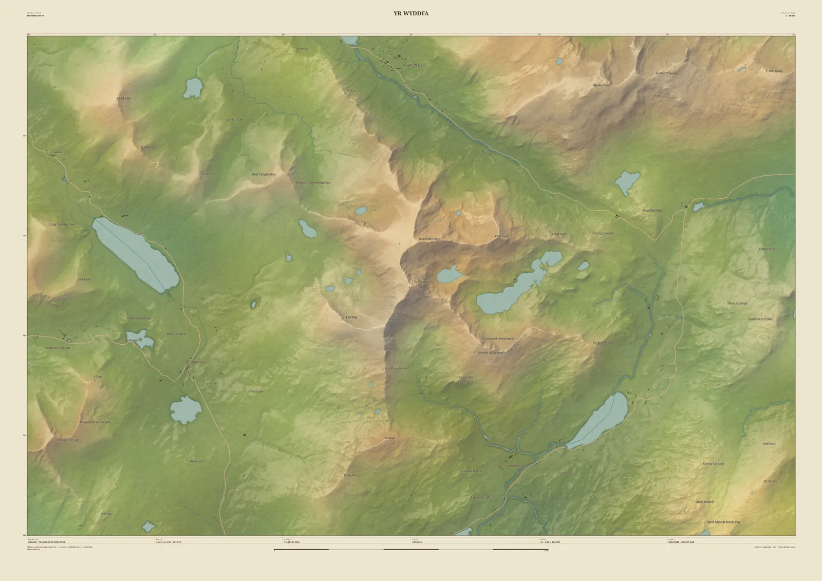 Field & Fell relief map print of Yr Wyddfa (Snowdon), with Llyn Llydaw and Glaslyn in the horseshoe, Llyn Cwellyn to the west and Llyn Gwynant to the south-east